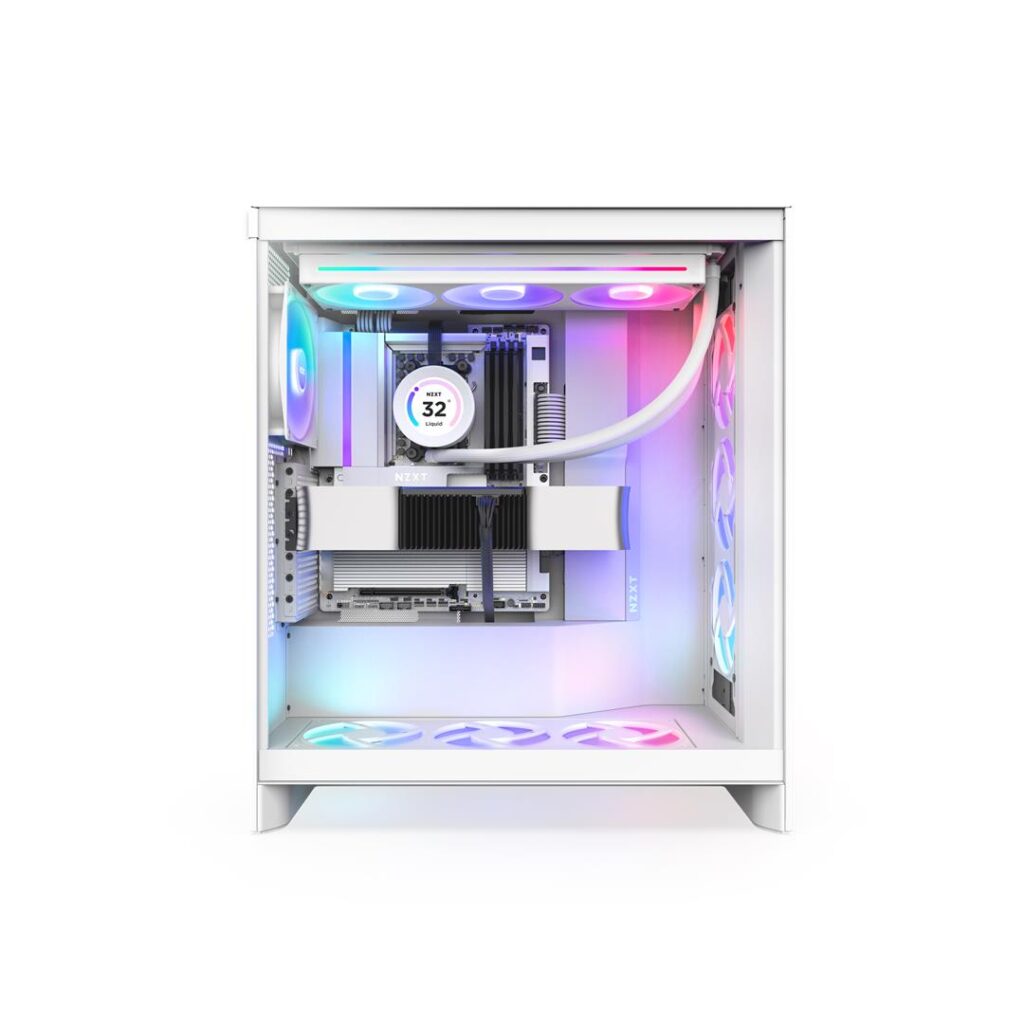 NZXT N9 X870E motherboard in white installed in white case