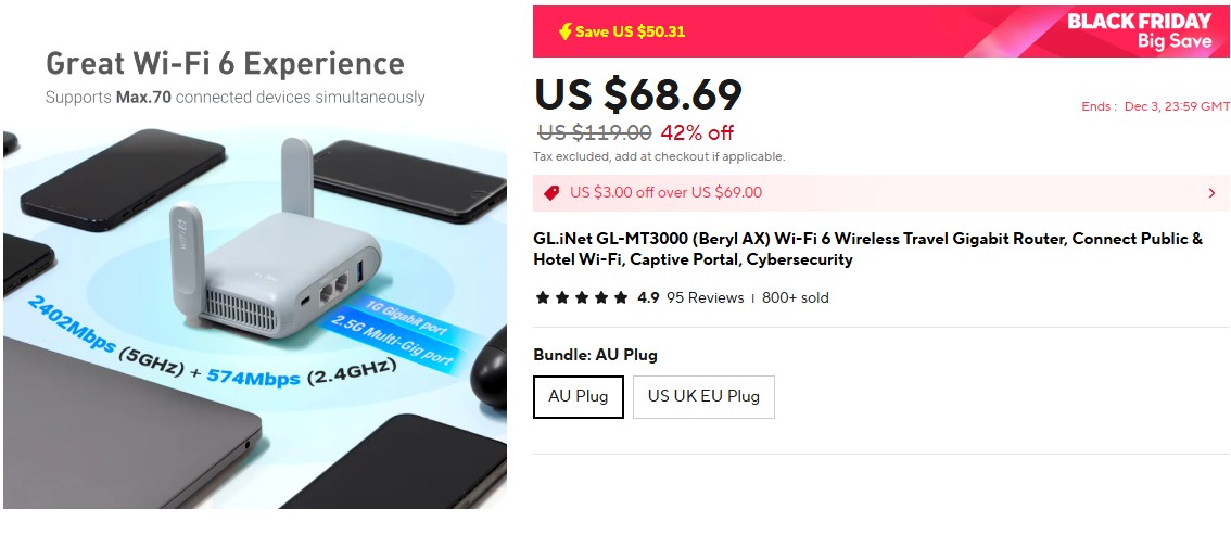 GL.iNet GL-MT3000 (Beryl AX) Wi-Fi 6 Wireless Travel Gigabit Router Deal – AliExpress