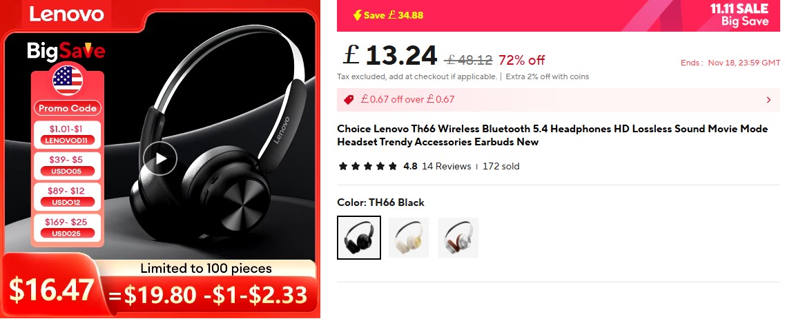 Lenovo Th66 Wireless Bluetooth 5.4 Headphones Deal – AliExpress