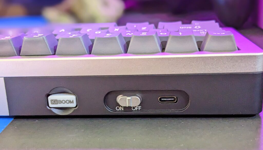 Kiiboom Loop65 mechanical keyboard with tri mod connectivity, White usb 2.4ghz wifi dongle, power on/off button, and usb c type wired connection