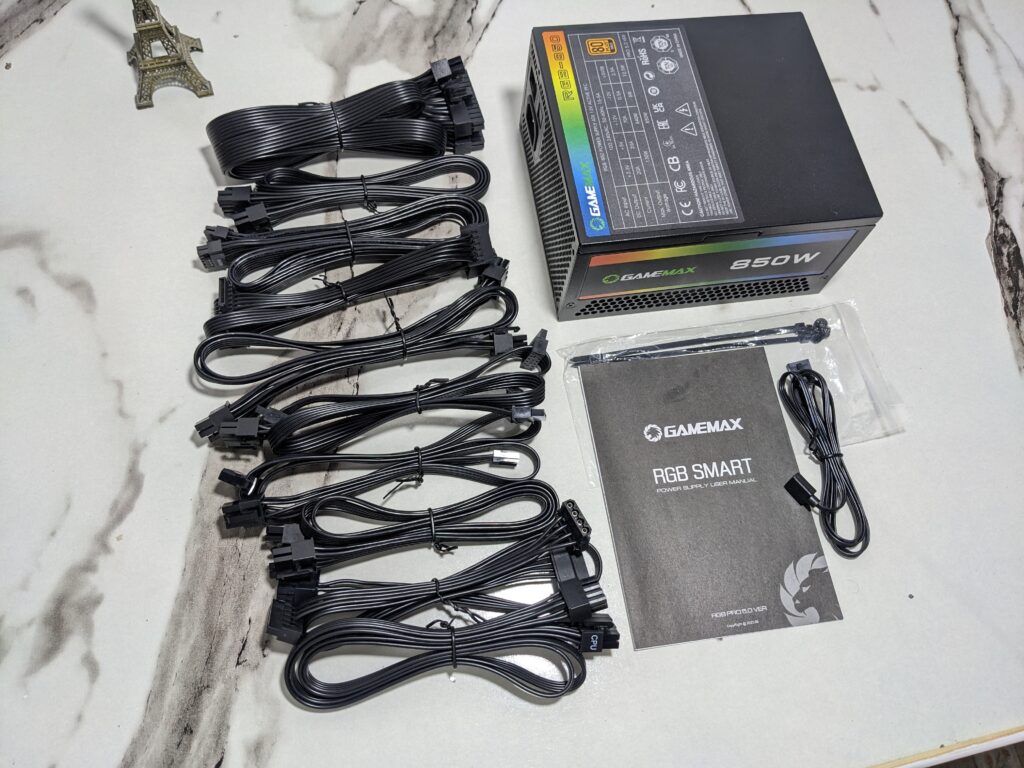 GameMax RGB Smart 850W Pro out of the box psu along with cables and manual 