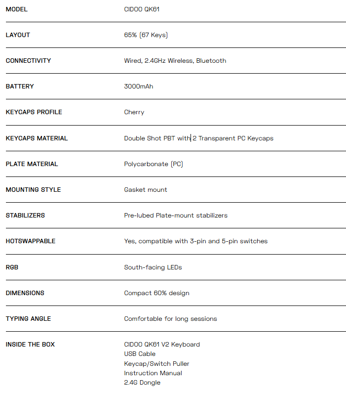 CIDOO QK61 V2 Specifications