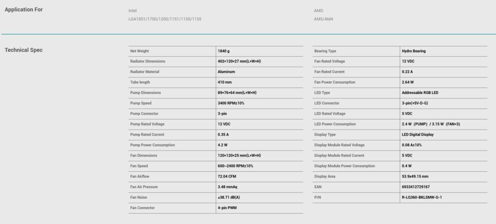 DeepCool LQ360 Specs