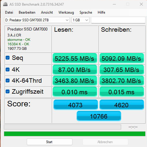 ACER Predator SSD GM7000 AS SSD results