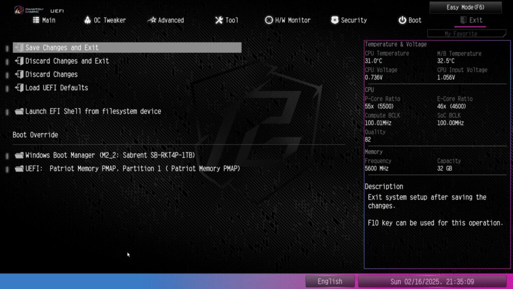 ASRock Phantom Gaming Z890 NOVA WiFi BIOS Exit