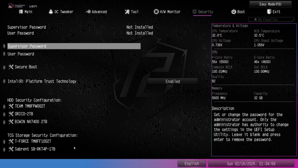 ASRock Phantom Gaming Z890 NOVA WiFi BIOS Security