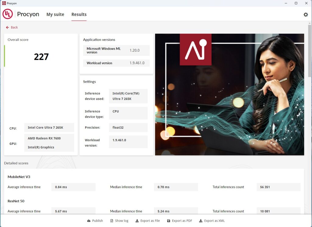 ASRock Phantom Gaming Z890 NOVA WiFi UL Procyon AI Computer Vision Benchmark WindowsML