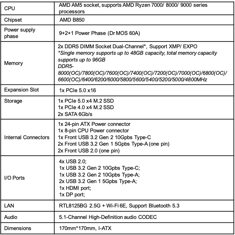 CVN B850I Gaming Frozen Specifications